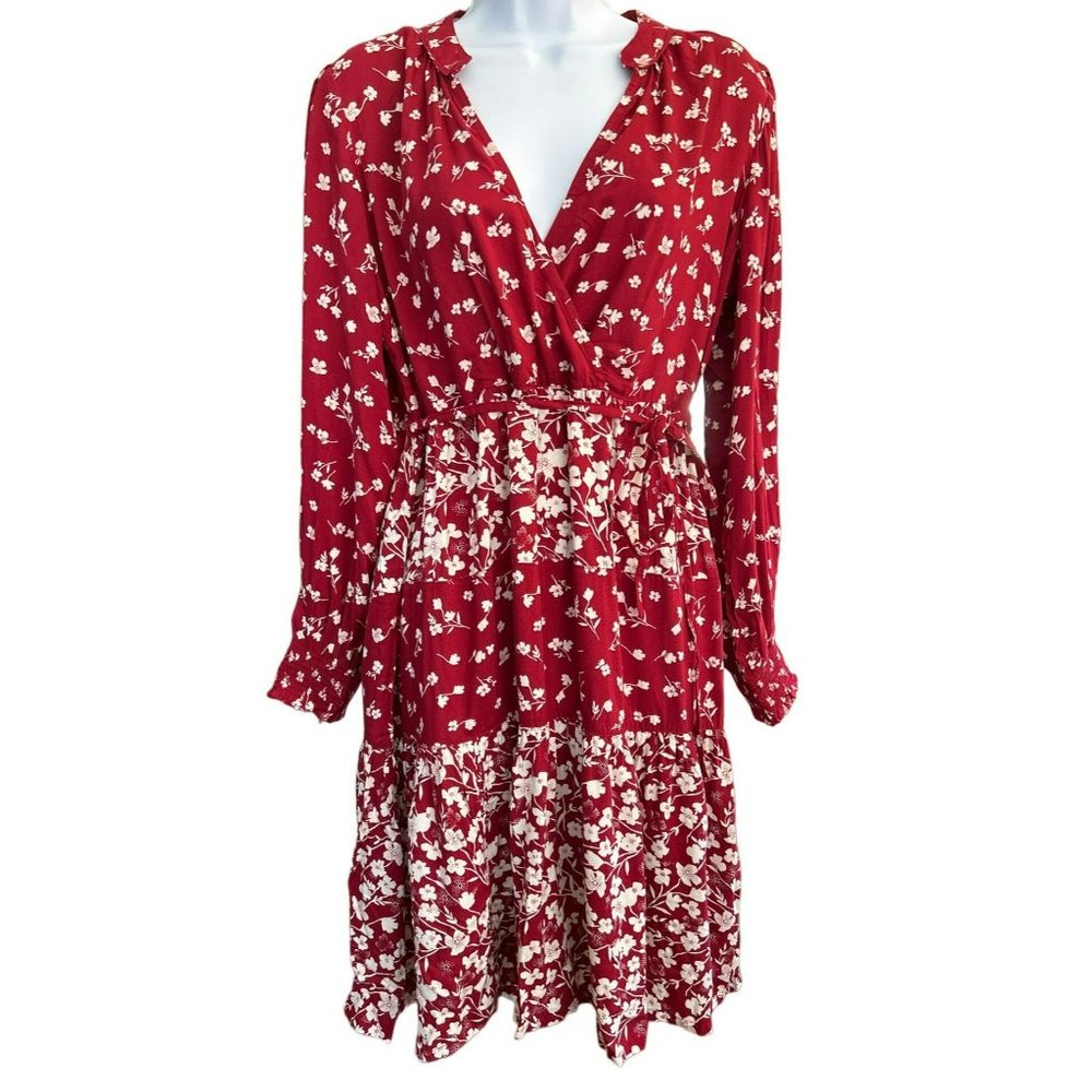 Fat Face Women's Red Poppy Floral V-Neck Tiered Dress US Size 8 Long Sleeve NWOT